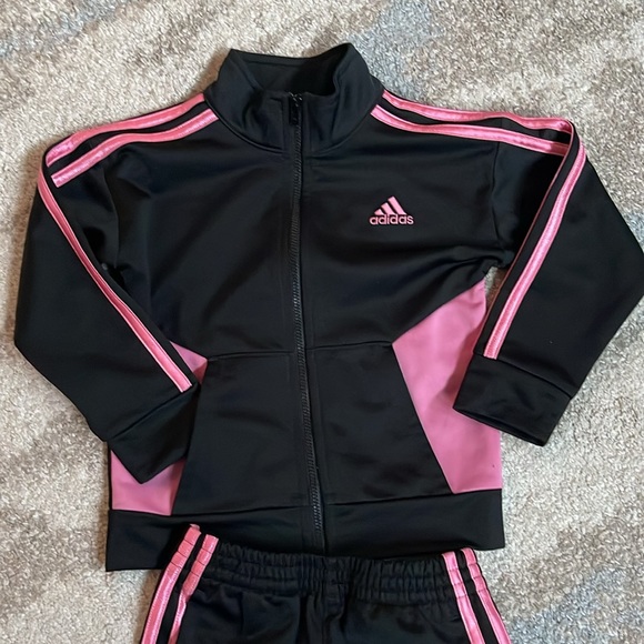 Adidas Tracksuit - Pink and Black 3 Stripe 2pc Set - Toddler Girls Size - Picture 3 of 11